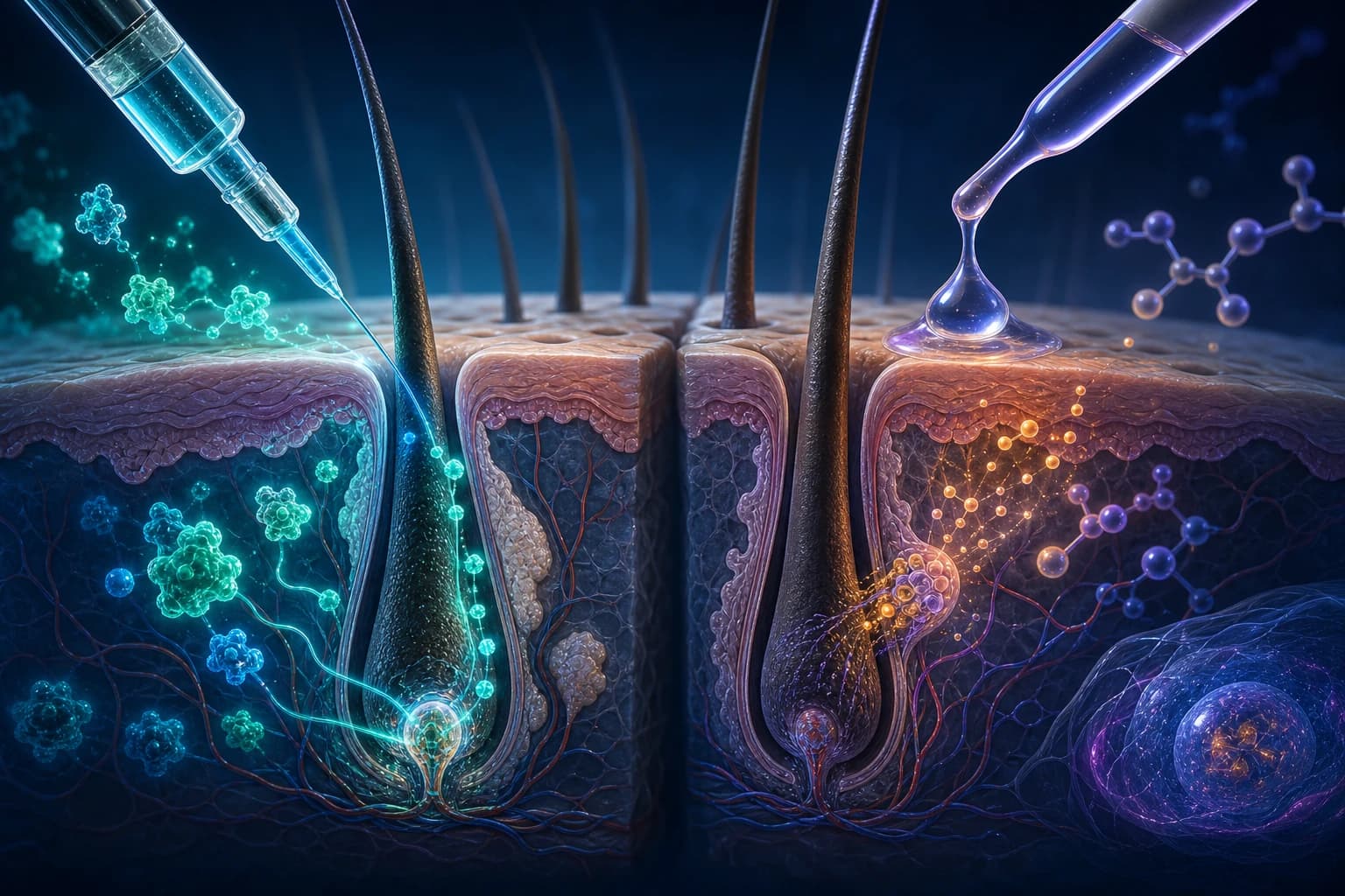 Scientific illustration comparing an injectable signal delivered beside a hair follicle with a topical small molecule approaching another follicle