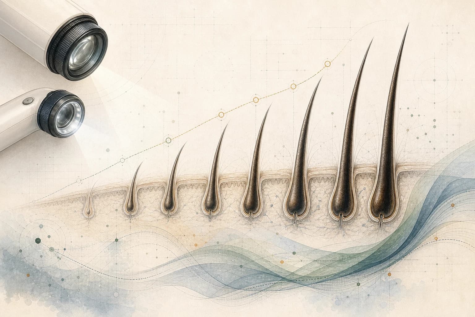 Two scalp cameras above illustrated hair follicles, a rising progress line, and connected analysis nodes