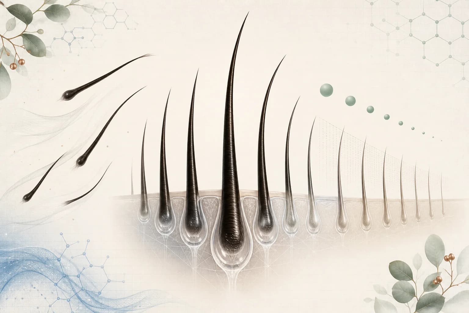 Loose strands of hair arranged beside a simplified scalp pattern diagram