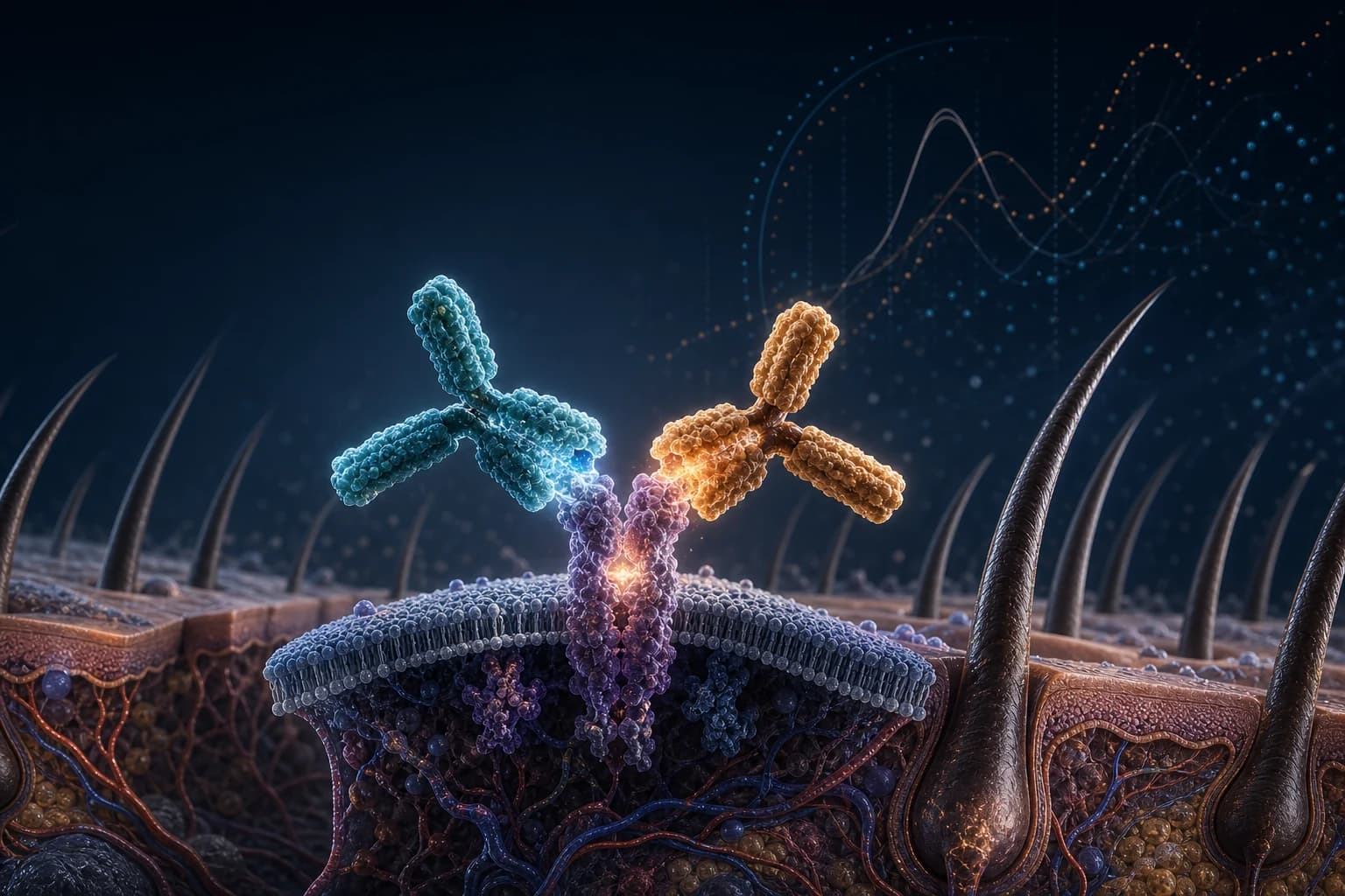 Two distinct therapeutic antibodies approaching a prolactin receptor above a detailed cross-section of human scalp and hair follicles