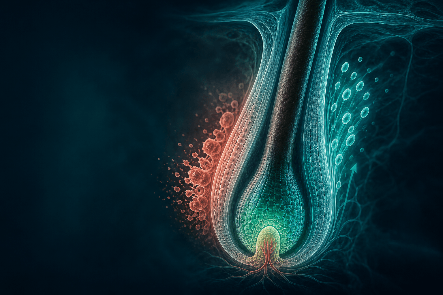 Scientific illustration of a growing hair follicle surrounded by teal regenerative signals and coral regression signals