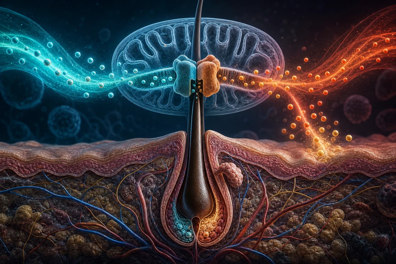 Editorial scientific illustration of a hair follicle crossing a mitochondrial pyruvate transport gate, with cool and warm research pathways converging from opposite sides