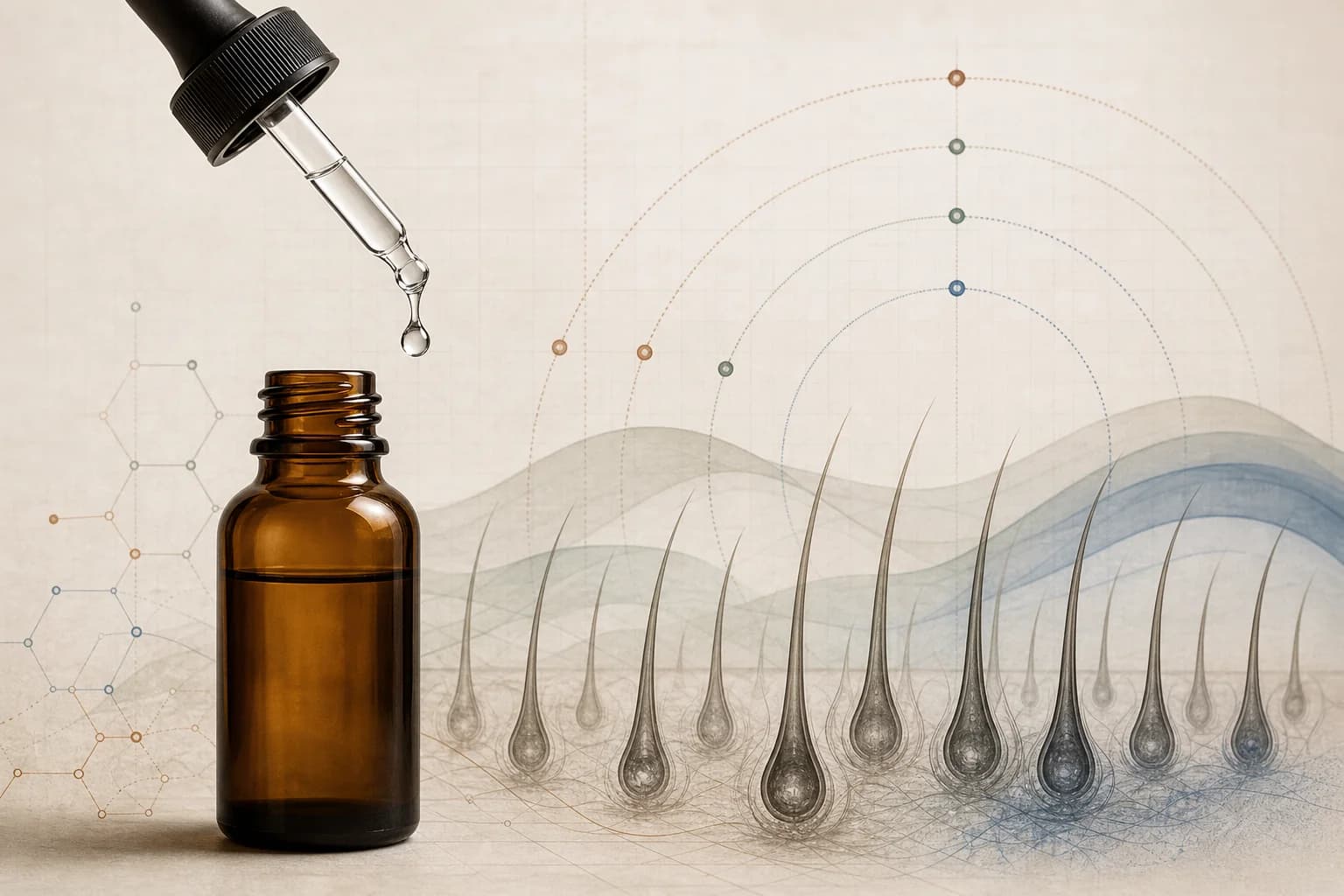 An unbranded dropper above abstract hair follicles and measured timeline rings