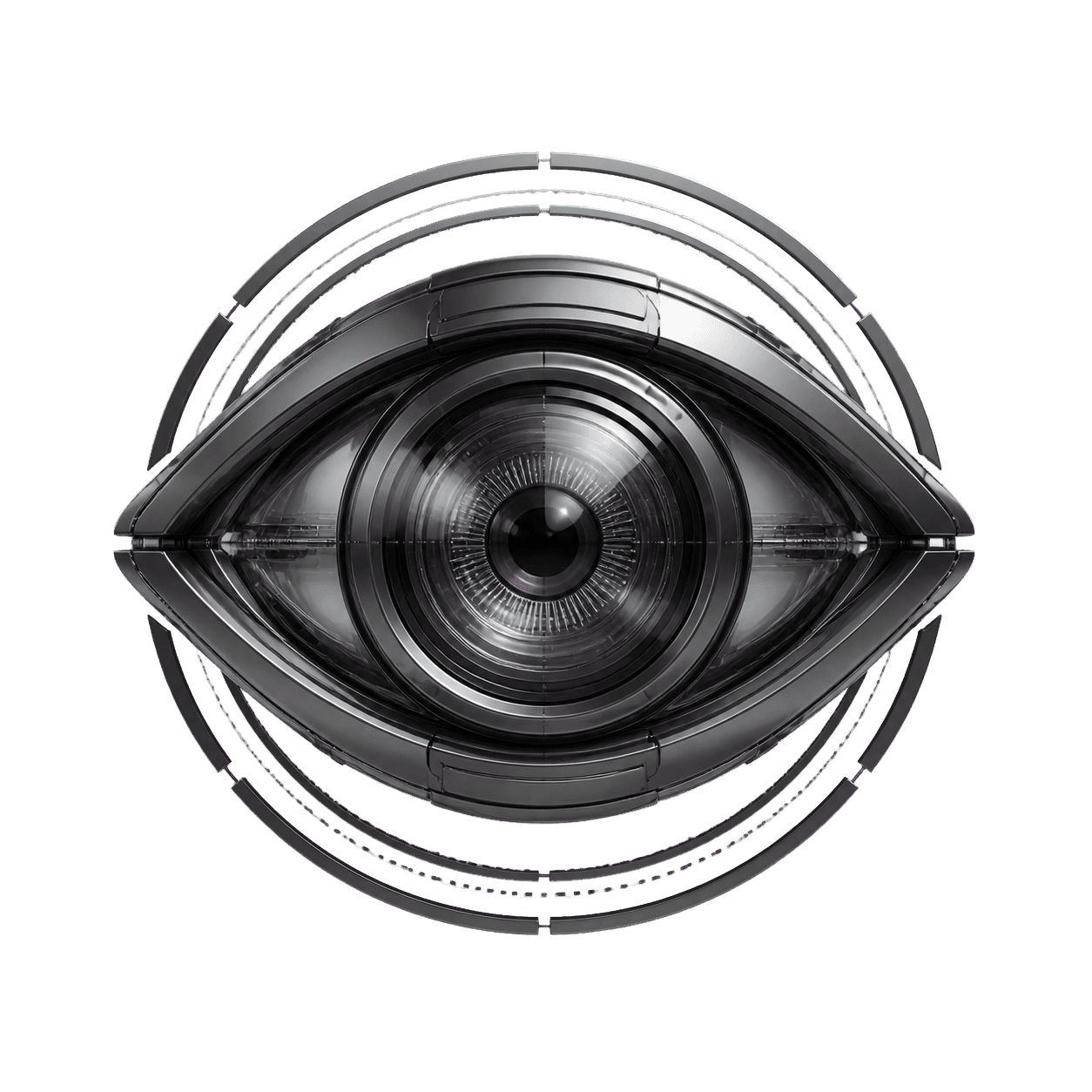 A glossy graphite optical scanner sculpture representing specialized AI analysis