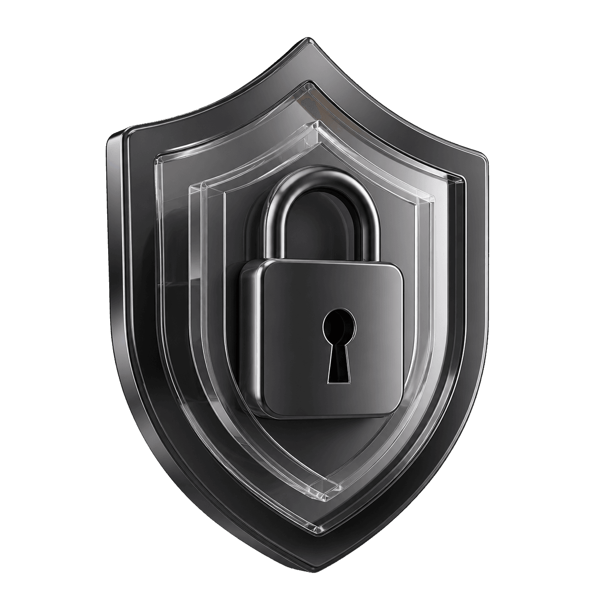 A layered graphite shield and lock sculpture representing private and secure data