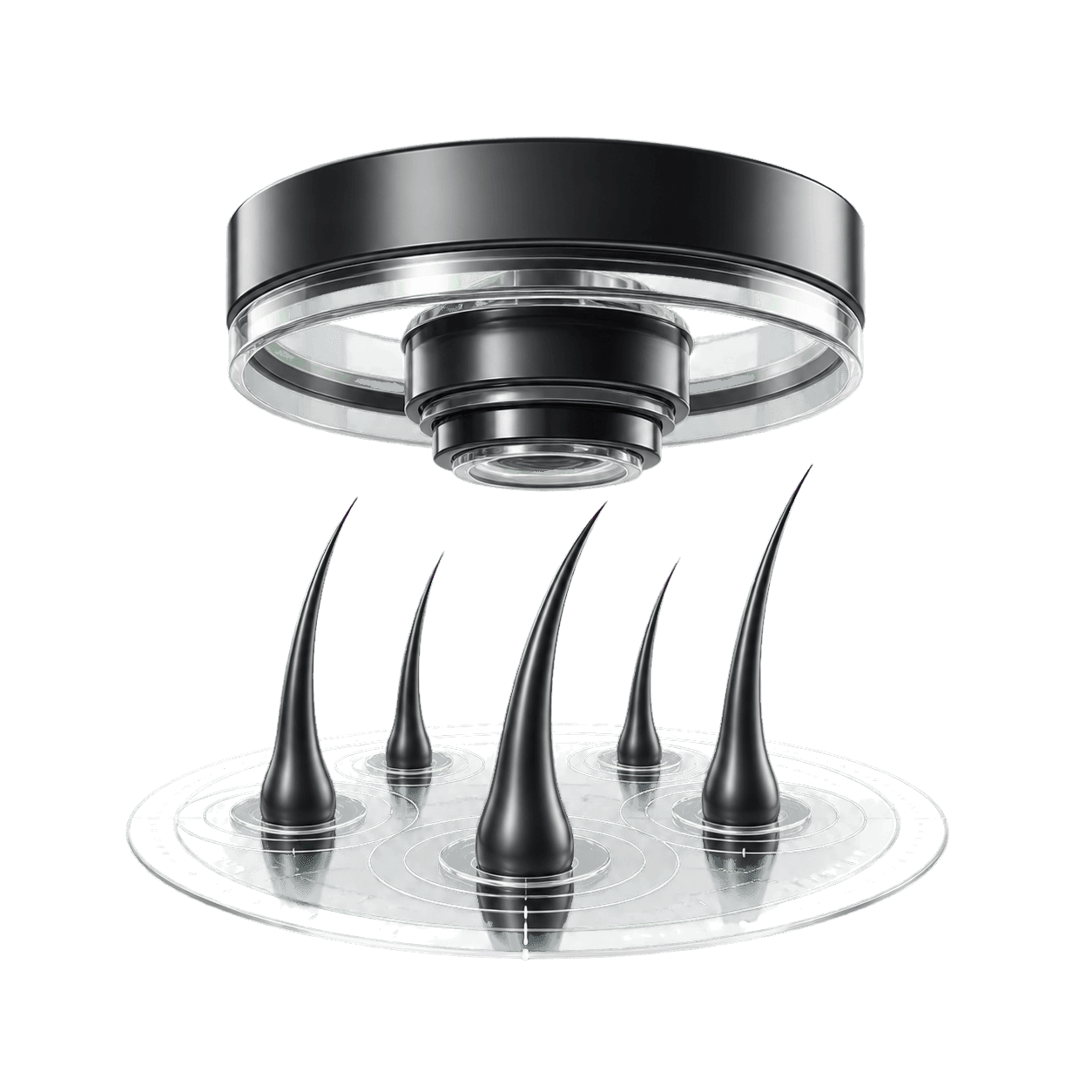 A graphite macro scanning lens hovering over stylized hair follicles