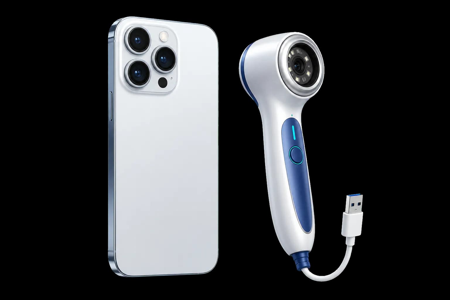 A camera phone beside a handheld USB scalp camera probe